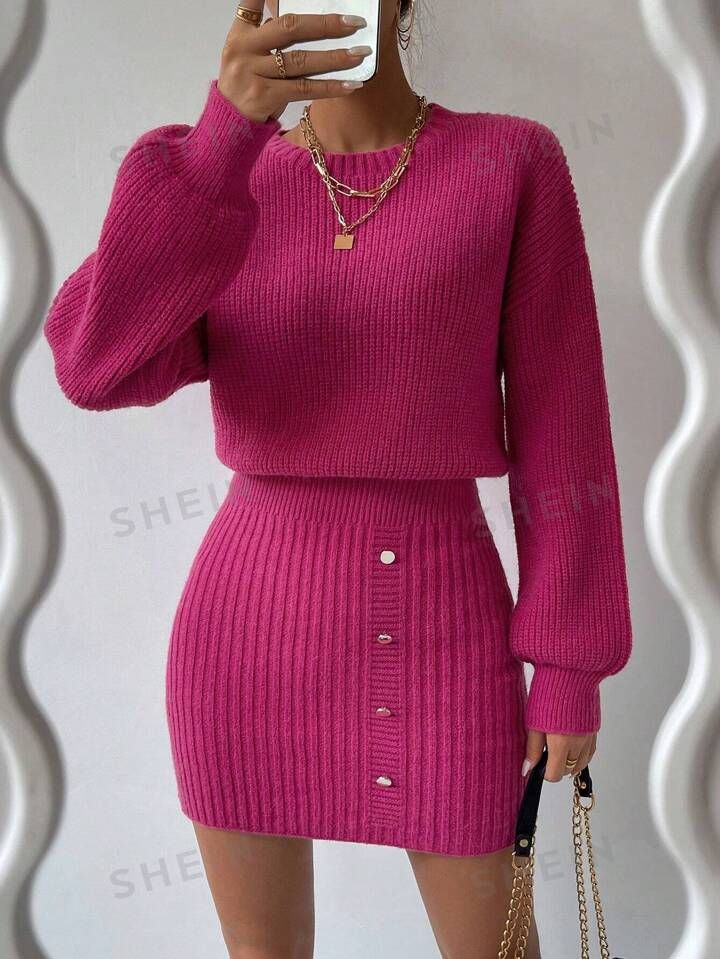 SHEIN Essnce Drop Shoulder Ribbed Knit Sweater Dress | SHEIN