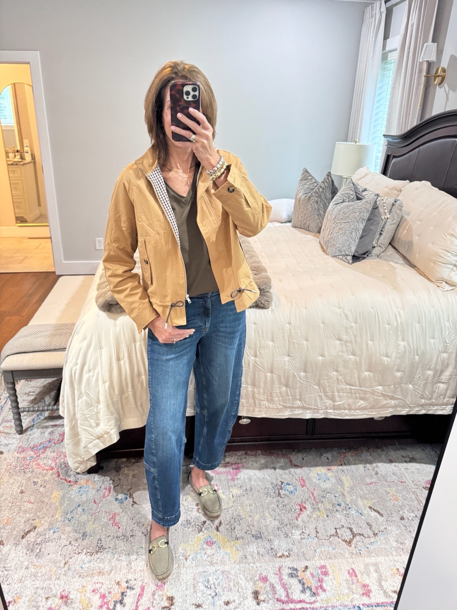 Jacket - large Tee - medium Barrel jeans - 6 long Fall transition style Trench coat Midsize style Denim outfit

#LTKootd #LTKSeasonal #LTKOver40