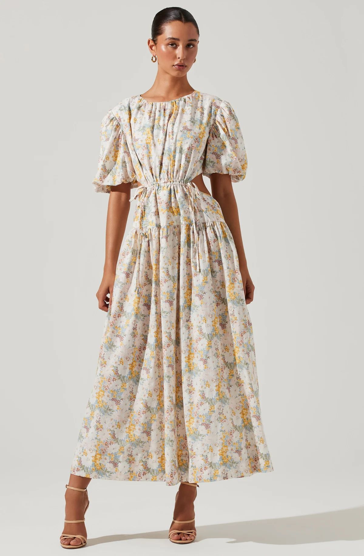 Shelby Floral Puff Sleeve Open Back Midi Dress | ASTR The Label (US)