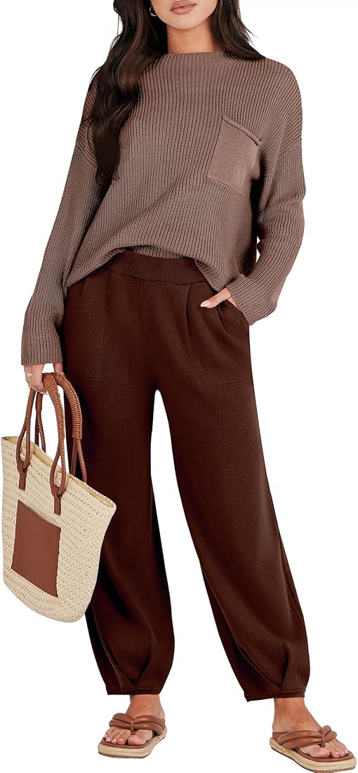 Caracilia Womens 2 Piece Outfits Sweater Sets Long Sleeve Knit Tops and Loose Pants Classy Matching  | Amazon (US)