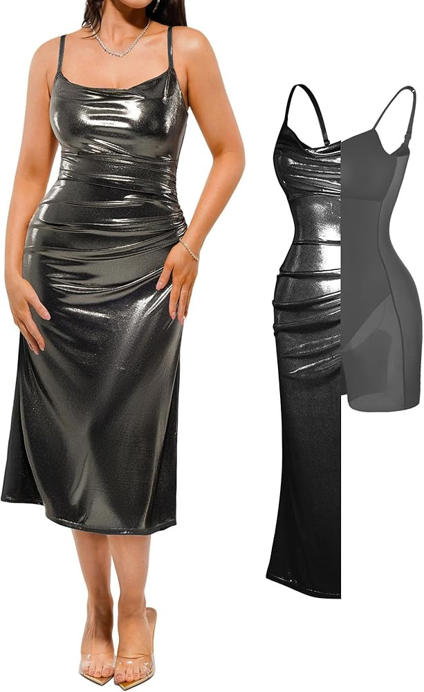 Popilush Formal Dresses for Women Built-in Bra Shapewear Ruched Midi Dress, Cowl Neck Evening Gow... | Amazon (US)