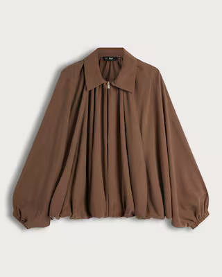 F&F Bubble Hem Zip Up Blouse in Brown | Tesco F&F