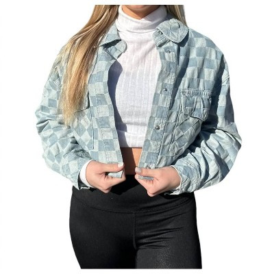 Women's Checkerboard Print Cropped Denim Jacket - trend:notes L | Target