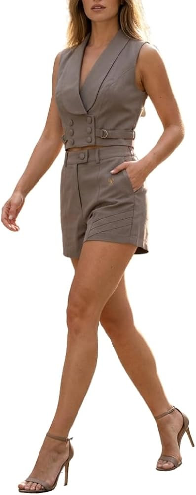 YUSHE Two-Piece Vest and Shorts Set for Women | Linen Blend Sleeveless Buttoned Vest & Matching S... | Amazon (US)