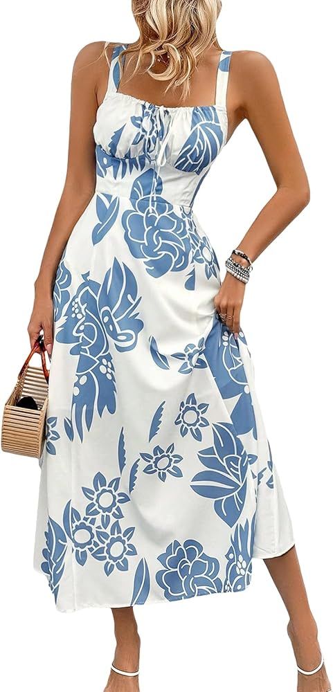 MakeMeChic Women's Floral Tropical Drawstring Shirred Cami Boho Dress High Waist Flared Flowy Sum... | Amazon (US)