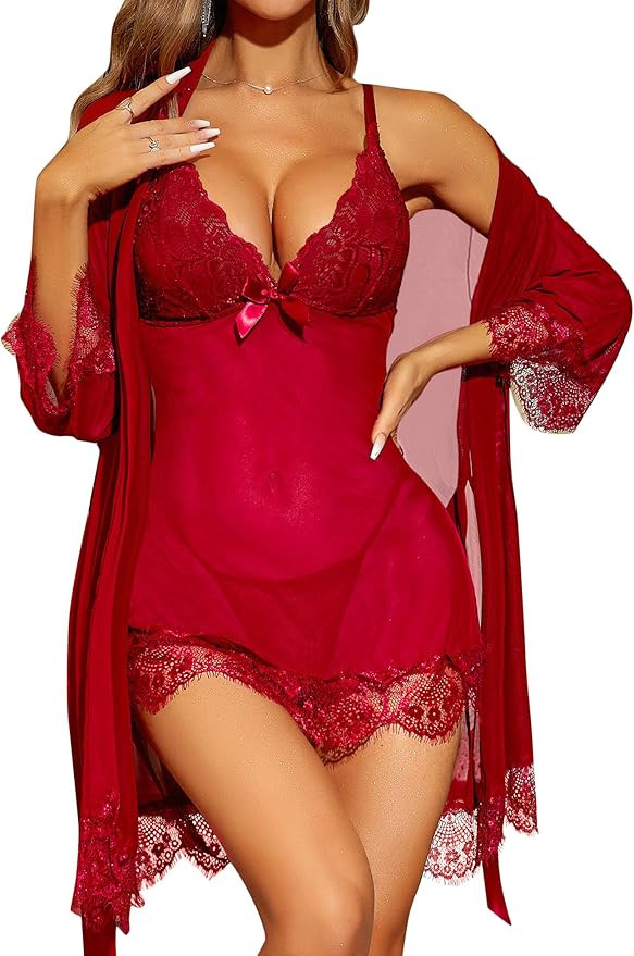 RSLOVE Women Sexy Lingerie Set 3 Piece Babydoll & Lace Kimono Robe Strap Chemise Sleepwear Mesh N... | Amazon (US)