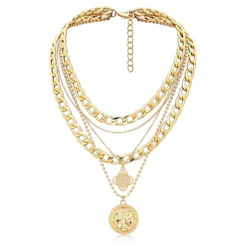 MJartoria Gold Layered Necklaces for Women Trendy Retro Coin Pendant Necklace Dainty Chunky Chain Choker Necklaces for Jewelry Birthday Gifts (Gold, A-Z-Four-Leaf Clover-5 in 1 Layered) | Amazon (US)