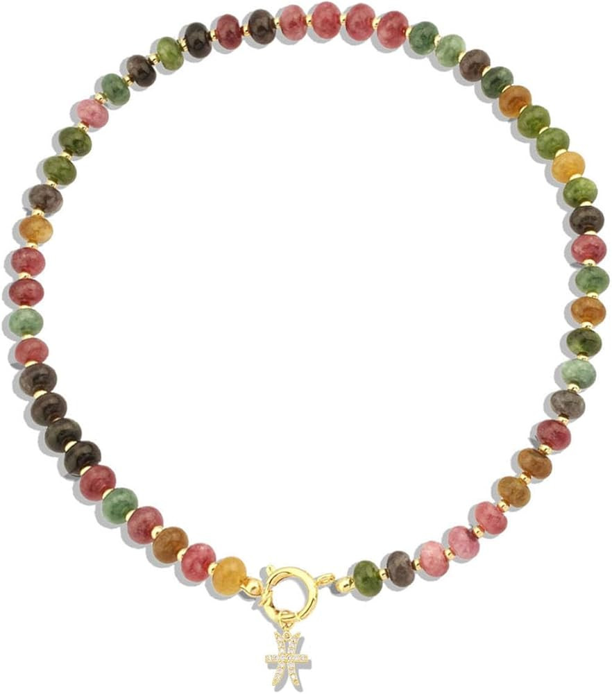 Beaded Necklaces for Women,Colorful Beaded Gemstone Choker 18K Gold Zodiac Pendant Necklace Natur... | Amazon (US)