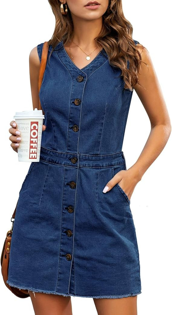 LookbookStore Women Sleeveless V Neck Button Down Frayed Hem Short Denim Dress | Amazon (US)