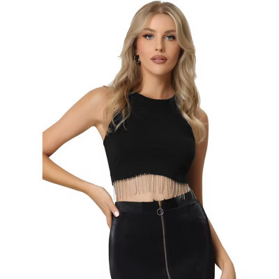 Allegra K Women's Round Neck Sleeveless Party Rhinestone Fringe Crop Tank Tops Large Black | Target