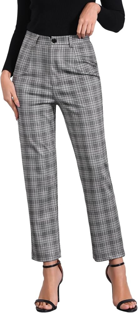 Allegra K Women's Plaid Pants High Waisted Vintage Tartan Checkered Cropped Casual Work Pants | Amazon (US)