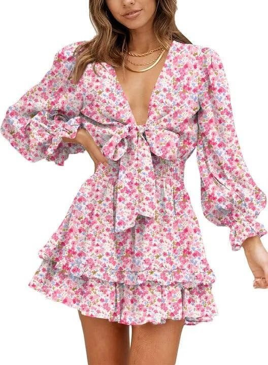 Dokotoo Womens Casual Spring Summer 2025 Deep V Neck Knotted Tiered Chiffon Elegant Mini Short Sw... | Amazon (US)