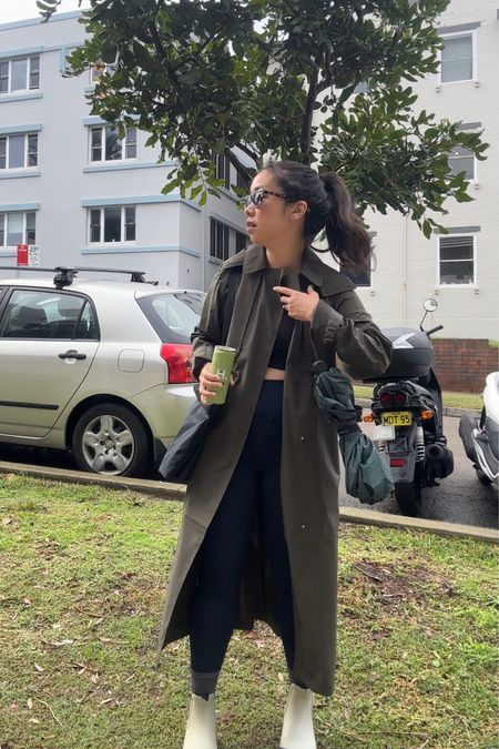 Autumn rainy day style in my activewear, size US 4 in the khaki trench coat, size US 6 in the Lululemon top and align pants, size US 6 in the rain boots 

#LTKfitness #LTKSeasonal #LTKstyletip