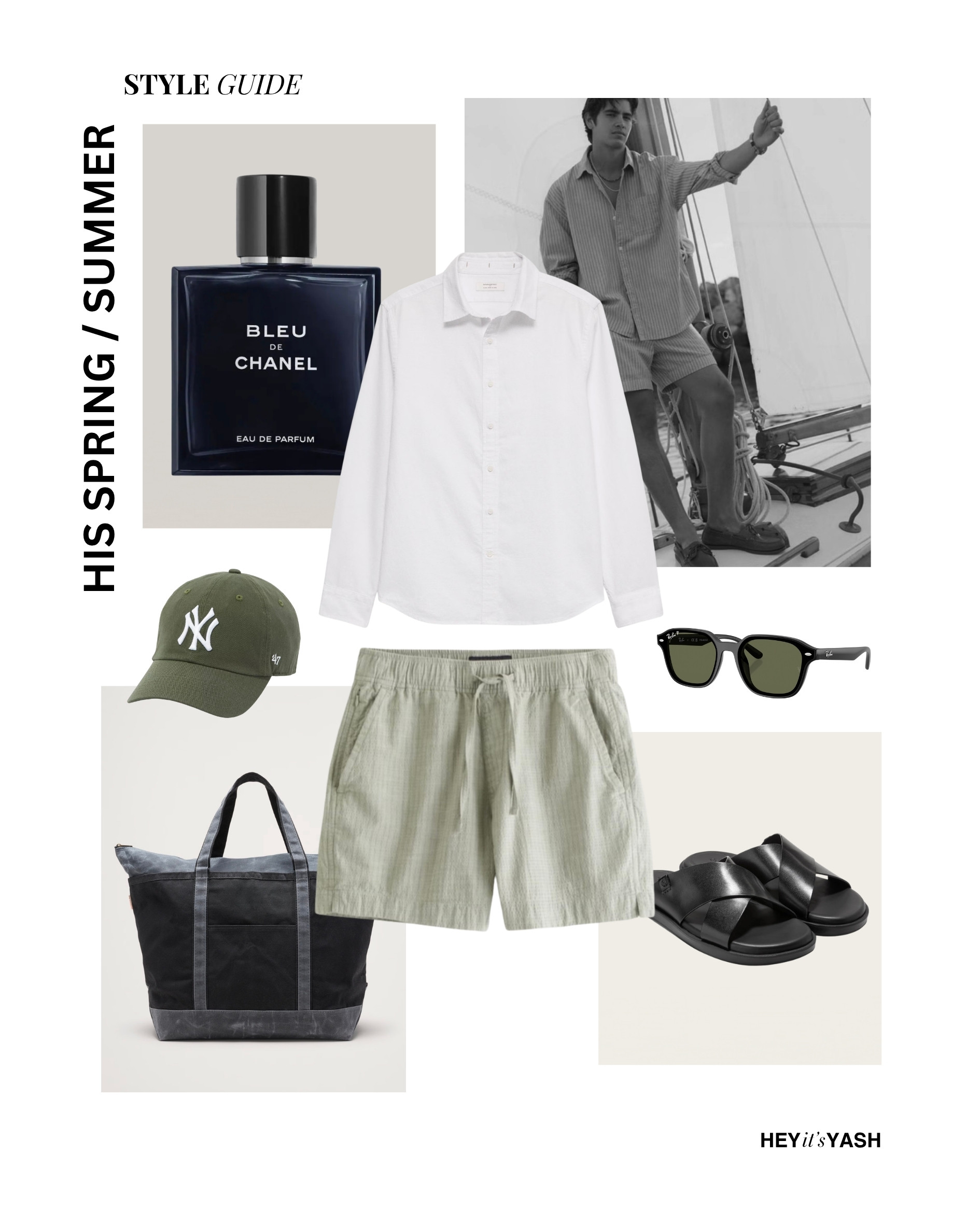 No plans, no rush, nowhere to be — and dressed perfectly for it. A crisp white linen shirt left untucked over sage green drawstring shorts is the summer formula that never fails. Black leather crossover sandals keep it elevated past beach casual, while a waxed canvas tote handles everything the day throws at you. Olive NY 47 cap, green-lens Ray-Bans, and Bleu de Chanel — because even a do-nothing day deserves to smell like intention. This is the outfit for long days that turn into good stories. 

 #LTKootd #LTKTravel #LTKMens