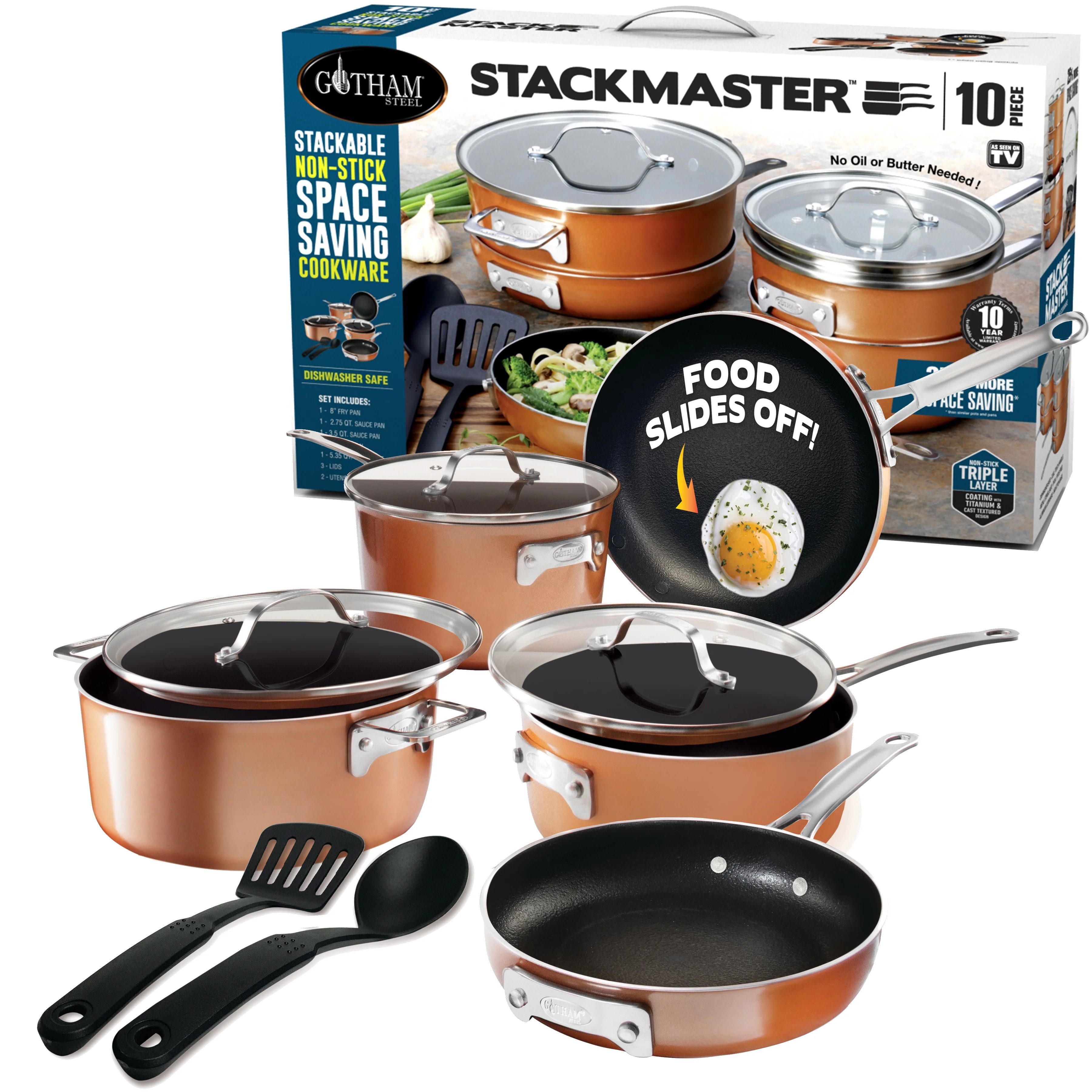 Gotham Steel Pots and Pans Set Stackable Nonstick Copper Cast Cookware Set 10pcs | Walmart (US)
