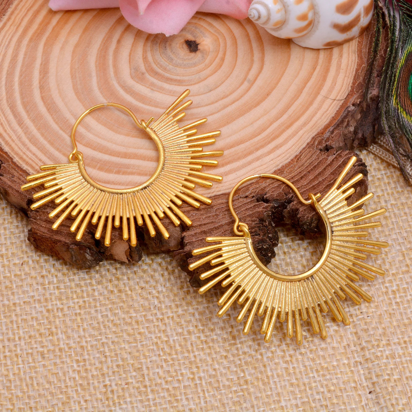 Gold Sunburst Hoop Earrings | Minimal Boho Statement Hoops | Handmade Geometric Earrings | Modern... | Etsy (Global)