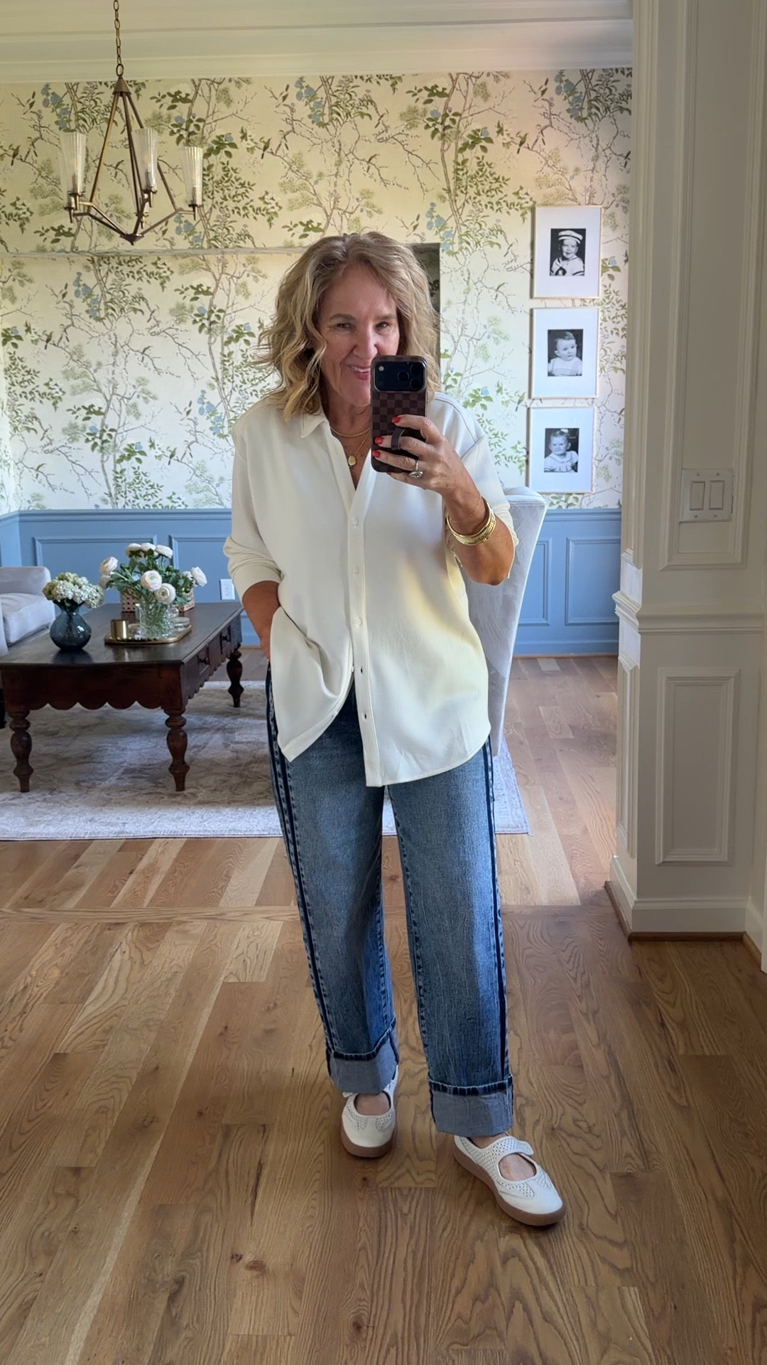 New spanx air essential button down. On yum luscious amazing. Wearing a medium 
Jeans I sized down to a 6 I added the cuff 
Sneakers back in stock in the white! 
20% off my necklace and earrings gone TAKE20
Code Rb20 20% off rag & bone sweatpant jeans and I sized down and need to have them hemmed 

#LTKOver40 #LTKPetite #LTKootd

#LTKMothersDay #LTKMidsize