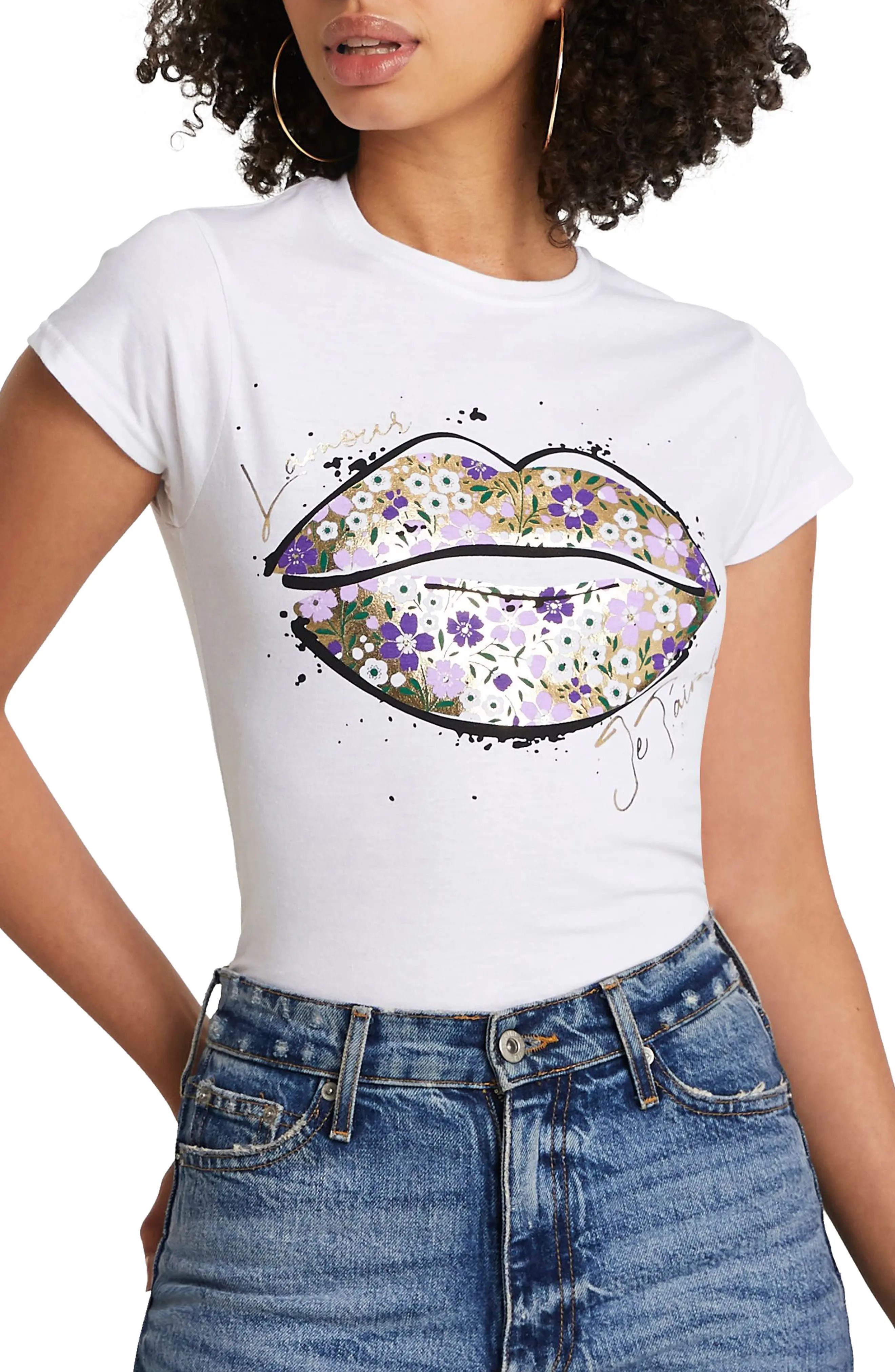 Women's River Island Women's Floral Lips Graphic Tee, Size 4 US - White | Nordstrom