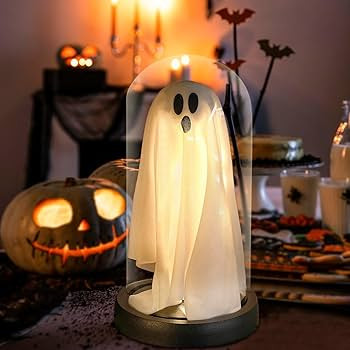 Halloween Ghost Decor,Light Up Ghost in Glass Cloche,Halloween Indoor Night Light,Cute White Ghos... | Amazon (US)