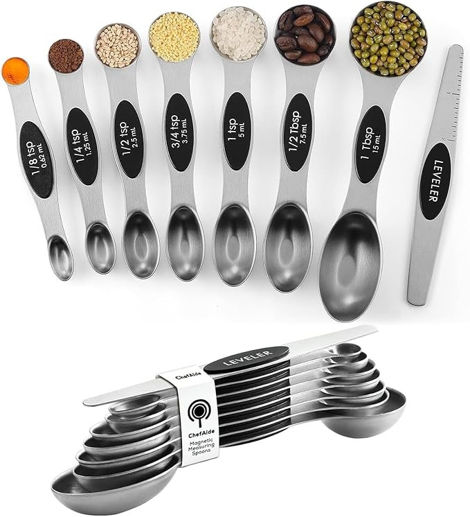 ChefAide Pack of 8 Stainless Steel Magnetic Measuring Spoons Set, Dual Sided, Stackable, Adjustab... | Amazon (US)