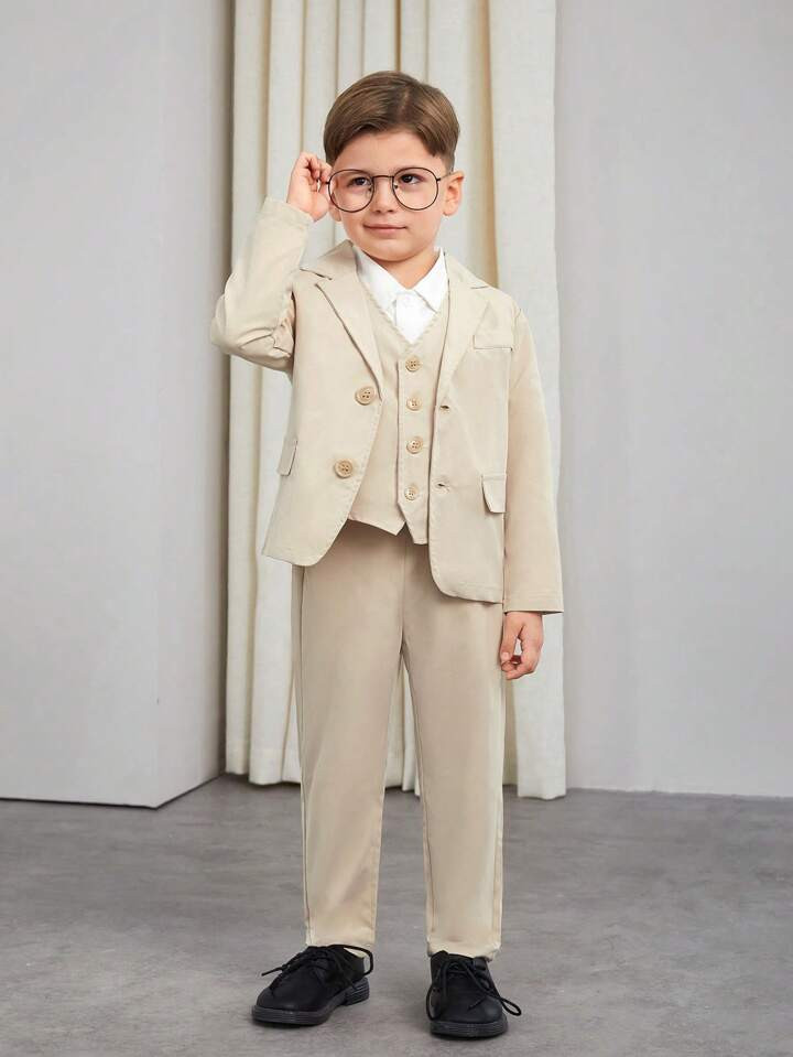 SHEIN Blossomsprite Kids Young Boy 3pcs Gentleman Suit Set: Coat, Vest Without Sleeves And Long P... | SHEIN