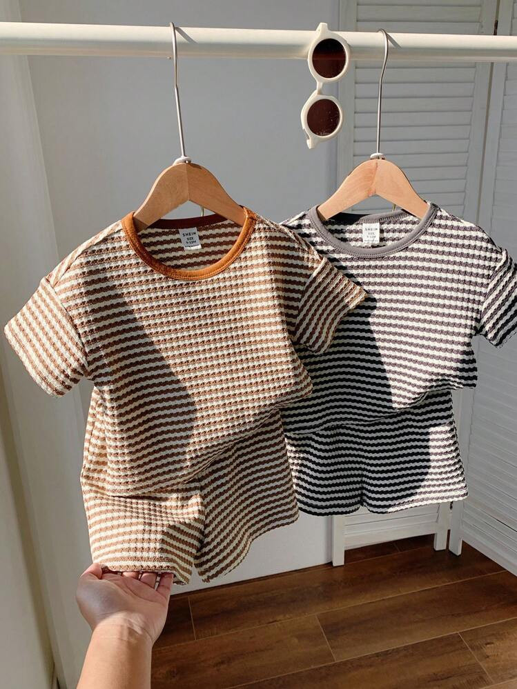 SHEIN LMoss Kids 4pcs Baby Boy/Girl Contrast Color Striped Knit Soft Round Neck Short Sleeve Dropped Shoulder Top & Elastic Waist Shorts Set | SHEIN