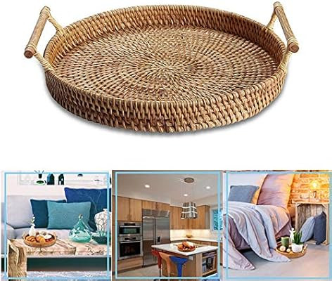 YIWEN Rattan Round Basket, Hadewoven Round Rattan Serving Tray with Handles, Woven Basket, Food S... | Amazon (US)