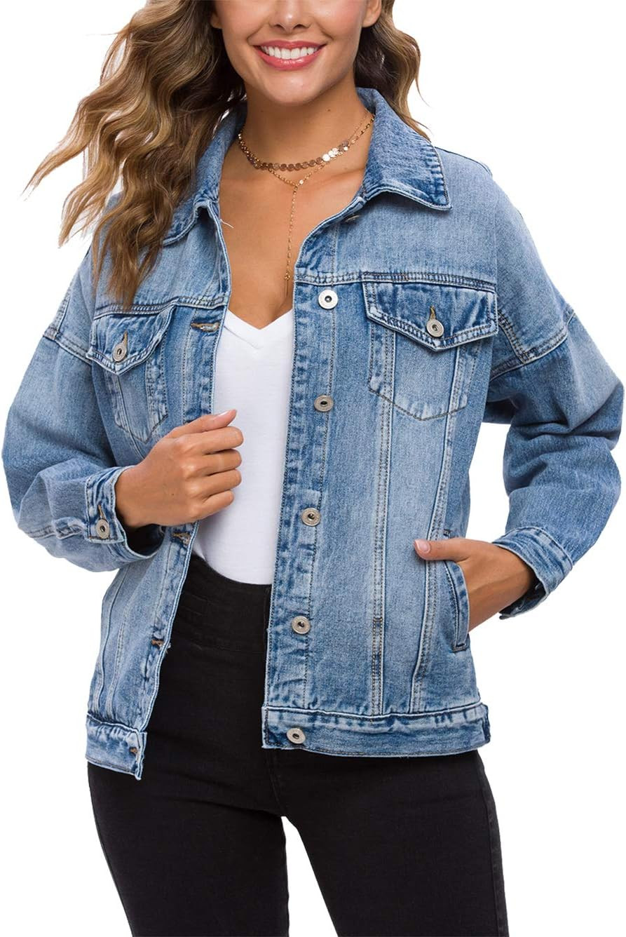 Cantonwalker Women's Oversize Vintage Washed Boyfriend Denim Jacket Long Sleeve Classic Loose Jean Trucker Jacket 003 | Amazon (US)