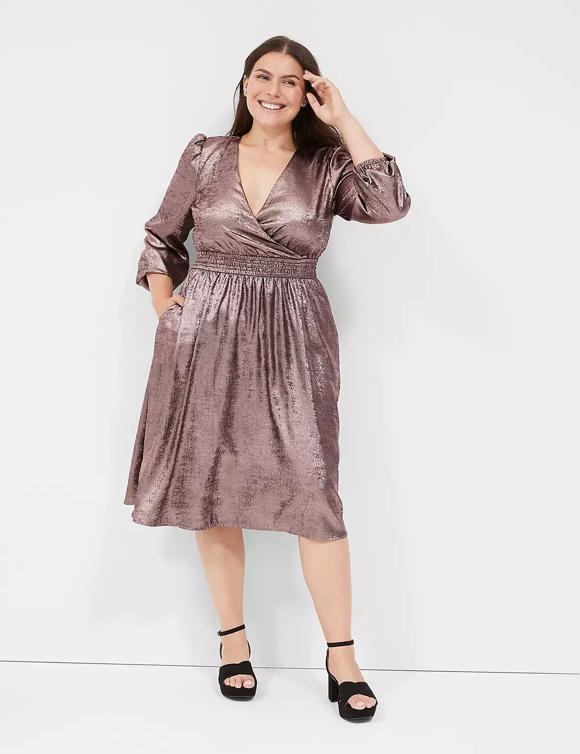Blouson-Sleeve Surplice Metallic Dress | LaneBryant | Lane Bryant (US)