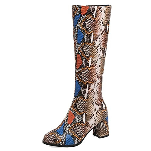 SHEMEE Women's Colorful Snakeskin Knee High Boot Chunky Block High Heels Snake Print Round Toe Zipper Slouch Shoes(Brown Snake Print, us 7.5) | Amazon (US)