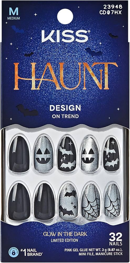 Kiss Haunt, Press On Nails, Nail glue included, 'Vamp It Up', Black, Medium Size, Almond Shape, I... | Amazon (US)