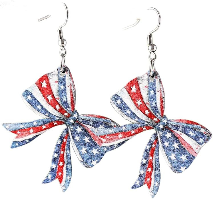 American Flag Dangle Earrings Patriotic 4th of July Earring for Women Red White Blue Bow Independ... | Amazon (US)