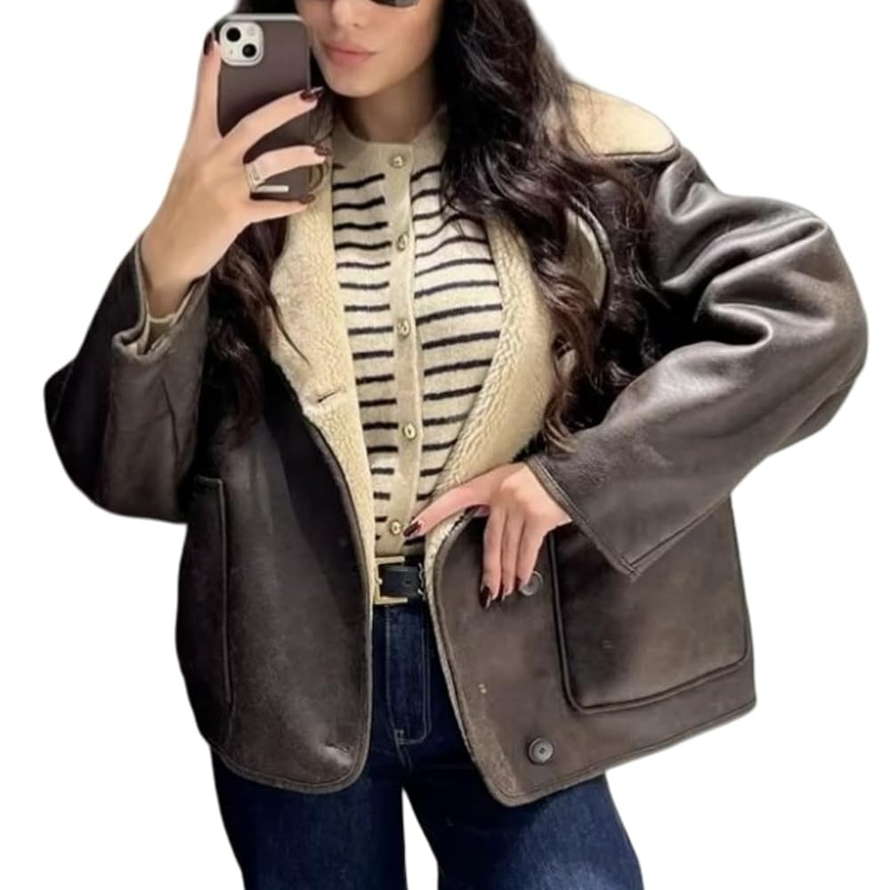 Perbai Women's Lapel Fleece Lined Single Breasted Faux Suede Jacket Oversized Leather Trucker Coa... | Amazon (US)