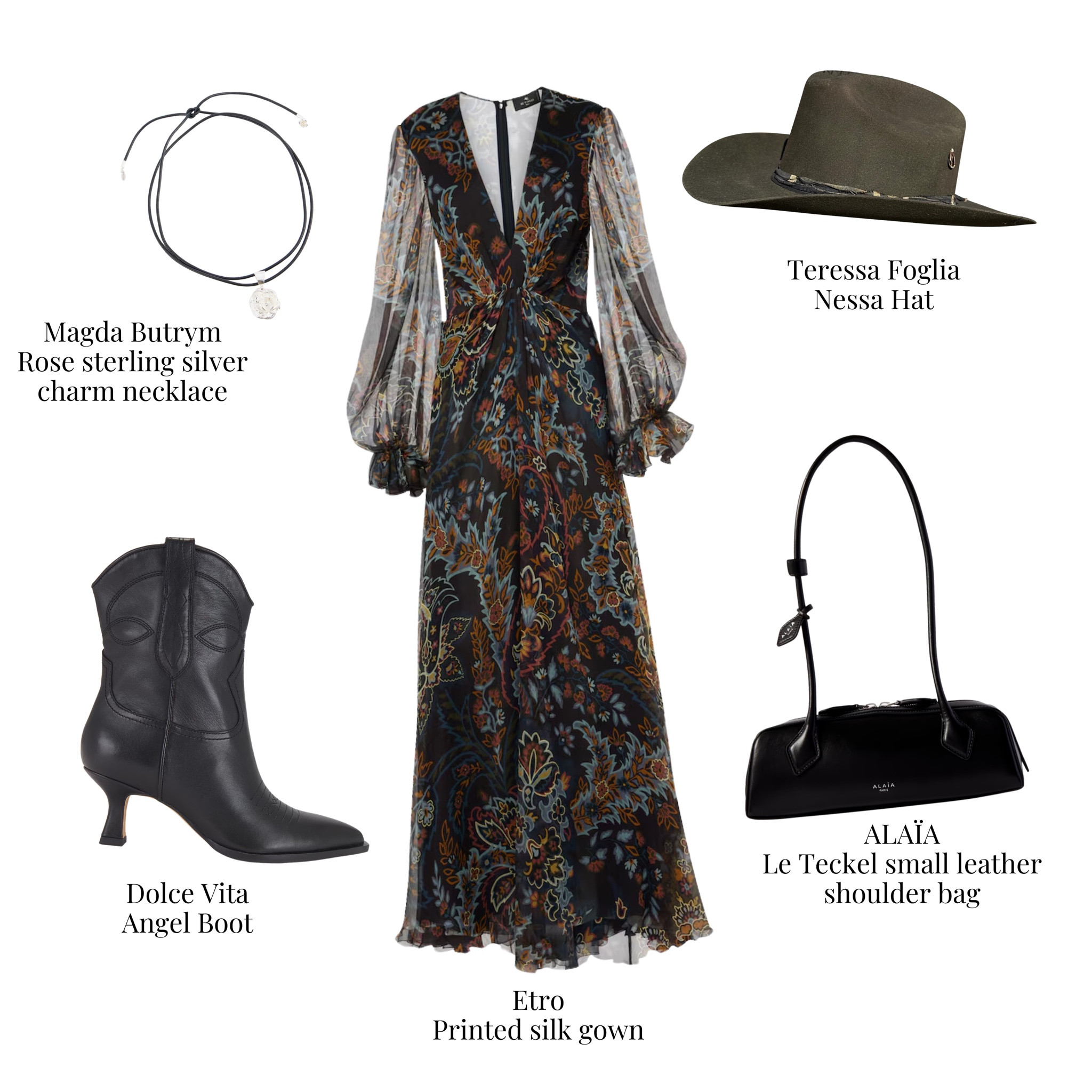 Boho luxe vibes for the season!  This stunning Etro printed silk gown is the perfect blend of elegance and whimsy, paired effortlessly with the chic Dolce Vita Angel boots. The ALAÏA Le Teckel leather bag adds a sleek touch, while the Teressa Foglia Nessa Hat completes the look with bohemian charm. Ready to twirl through winter soirées in style! 
#BohoChic #WinterFashion #EtroStyle #BohoLuxe #DolceVitaBoots #ALAÏABag #TeressaFogliaHat #EffortlessElegance #WinterGlam #HolidayOutfitInspo #BohemianVibes #SilkGownMagic #ChicAndUnique



#LTKItBag #LTKStyleTip #LTKShoeCrush