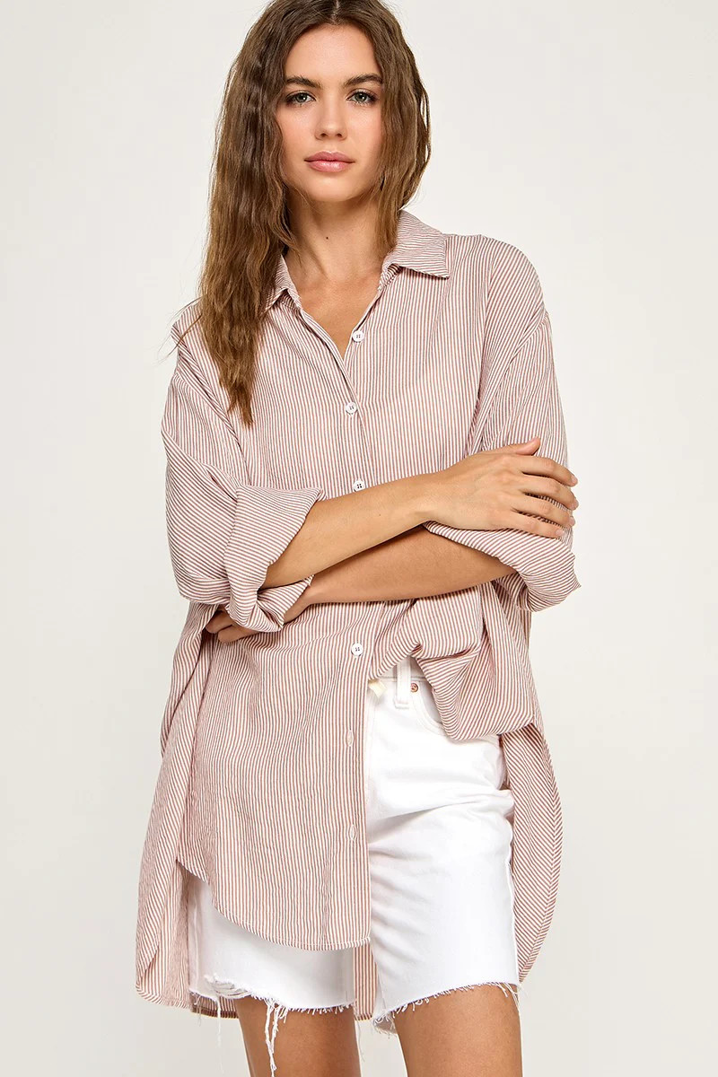 Rust Striped Oversized Button Down Shirt | PinkBlush Maternity
