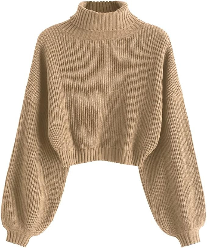 ZAFUL Women's High Neck Lantern Sleeve Ribbed Knit Pullover Crop Sweater Jumper | Amazon (US)