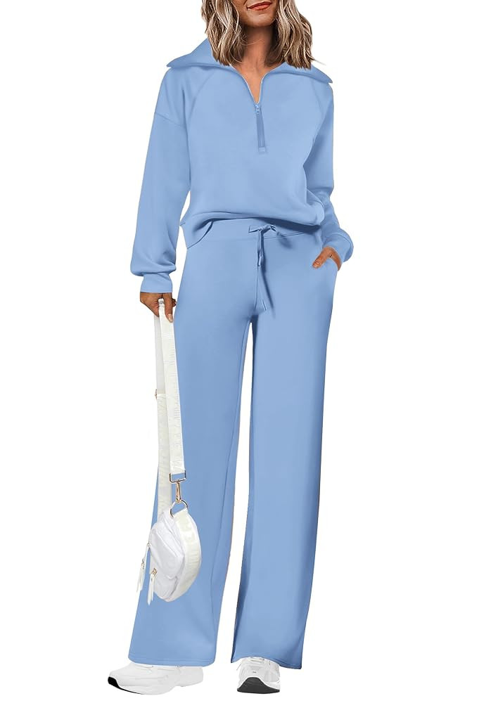 PRETTYGARDEN Women's 2 Piece Outfits Casual Lapel Half Zip Sweatshirts And Wide Leg Pants Tracksu... | Amazon (US)