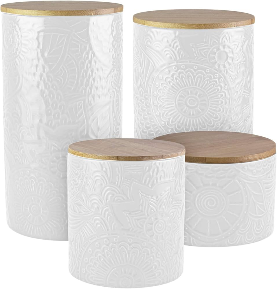 American Atelier Embossed Canister Set 4-Piece Ceramic Set Jar Container with Wooden Lids for Coo... | Amazon (US)