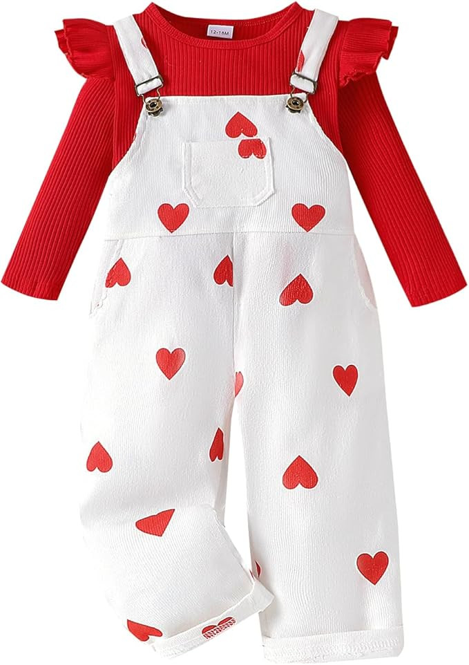 Toddler Baby Girl Valentines Clothes Ruffled Sleeves Top Heart Bell Bottoms Flared Overalls Suspe... | Amazon (US)