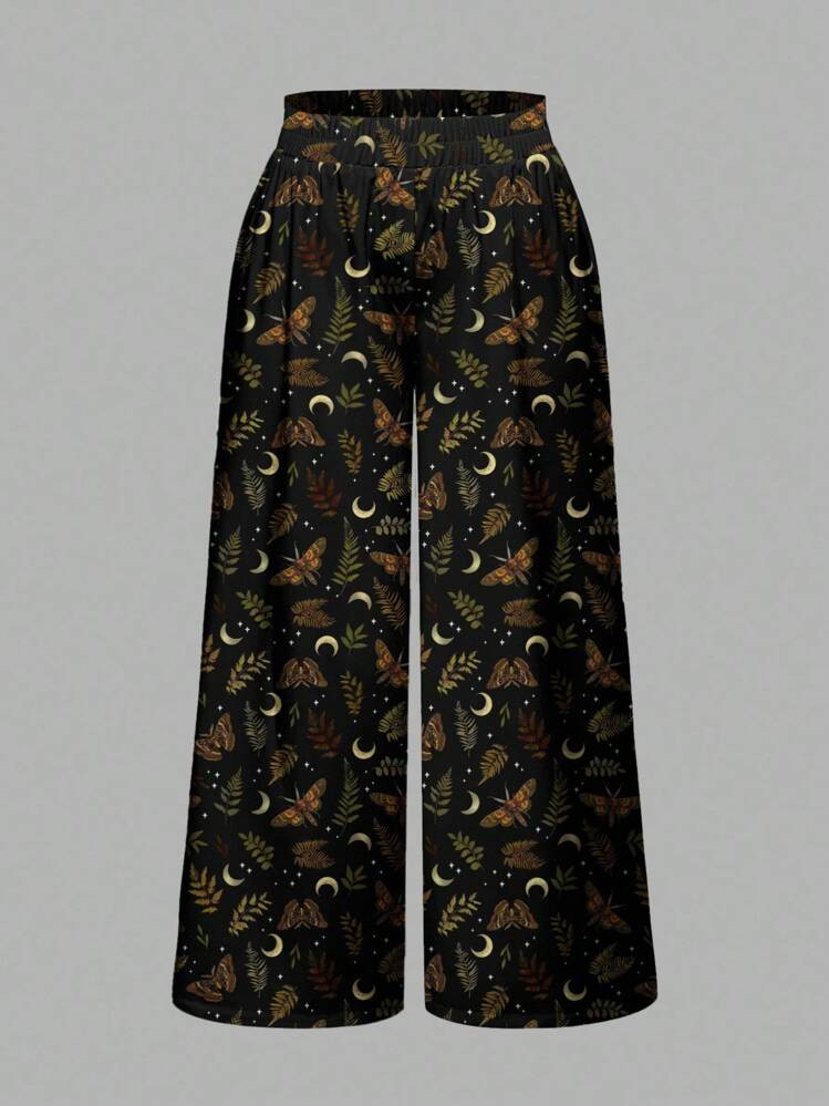 ROMWE Gothic Romantic Dark Moth & Plant Print Plus Size Wide Leg Loose Pants | SHEIN