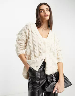Mango chunky knitted cardigan with faux pearls in cream | ASOS (Global)