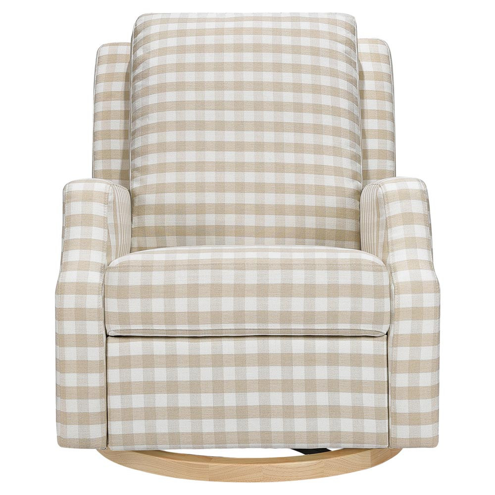 Namesake Crewe Modern Tan Gingham Light Wood Base Recliner and Swivel Glider | Kathy Kuo Home