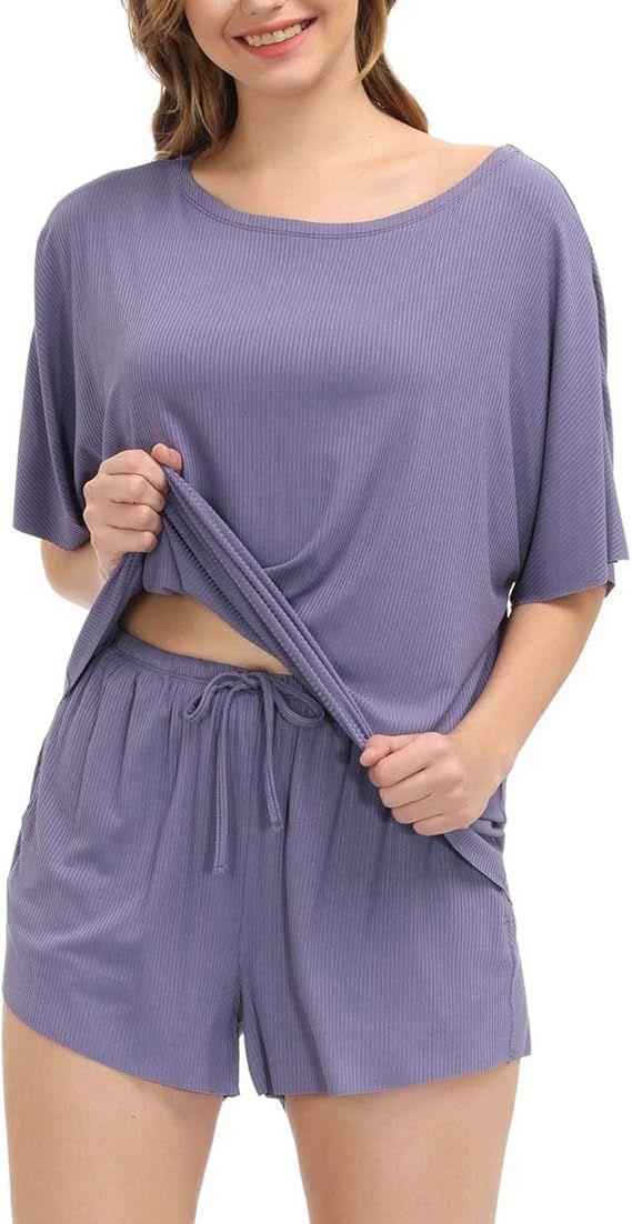 Women's Modal Pjs Two Piece Sleepwear Loose Bat Short Sleeves Pajama Sets Clean Cut Seamless | Amazon (US)