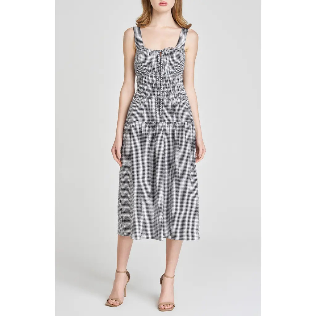 WAYF Nina Smock Waist Seersucker Midi Dress in Black Seersucker at Nordstrom, Size Medium | Nordstrom