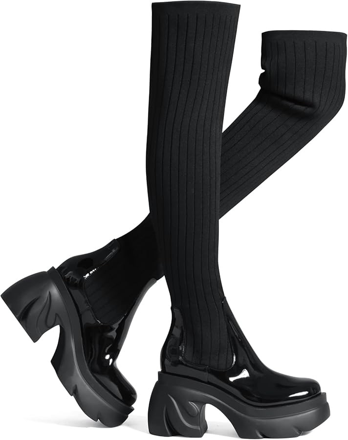 Shoe'N Tale Thigh High Boots Round Toe Mid Chunky Heel Stretch Over the Knee Boots for Women | Amazon (US)