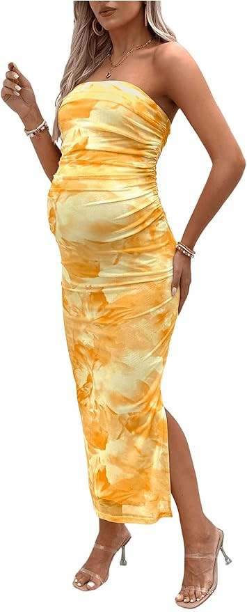 Milumia Women's Maternity Floral Mesh Split Strapless Tube Dress Bodycon Maxi Dresses | Amazon (US)