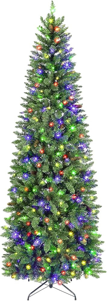 Hykolity 7.5 ft Prelit Pencil Slim Christmas Tree with 300 Color Changing LED Lights, 792 Branch ... | Amazon (US)
