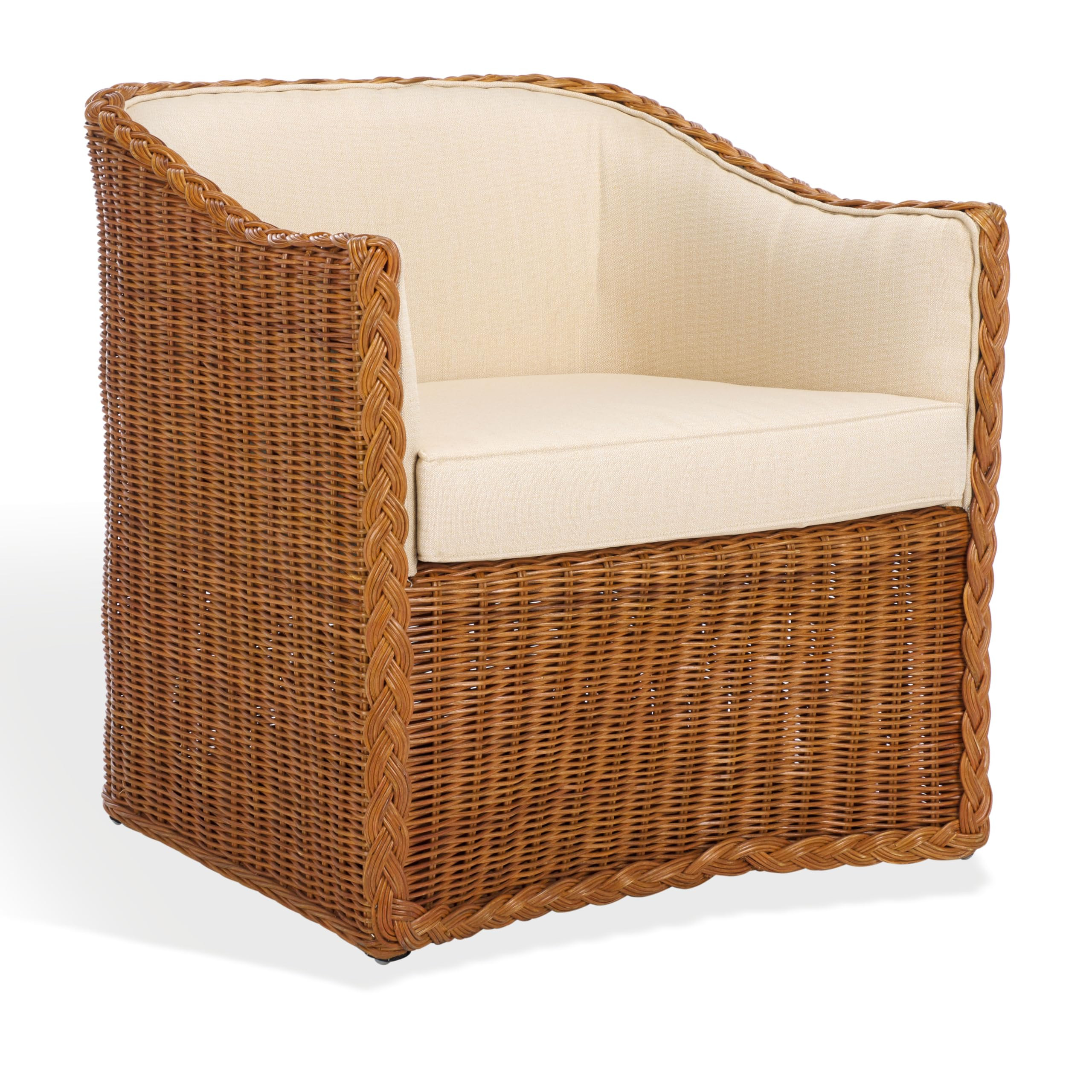 SAFAVIEH Couture Collection Sharon Natural Rattan/Beige Linen Cushion Accent Chair (Fully Assembl... | Amazon (US)
