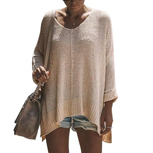 Exlura Women's Off Shoulder Casual V Neck Sheer Loose Oversized Pullover Sweater High Low Knitted... | Amazon (US)