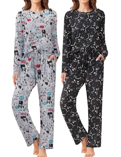 Ekouaer 2 Pack Women Pajama Long Sleeve Sleepwear Soft Loungewear Pjs Sets with Pockets S-XXL | Amazon (US)